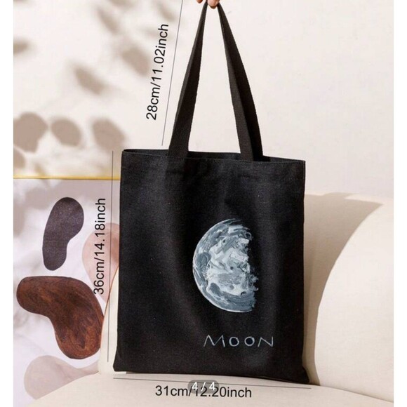 Moon Graphic Black Canvas Tote Bag Shoulder Bag Shopping Bag - Picture 2 of 4